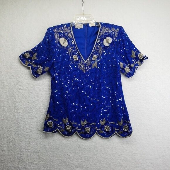 Vintage 2 Piece Silk Blouse Skirt Set Size 10 Blue Silver Beaded Shoulder Pads - Picture 2 of 12